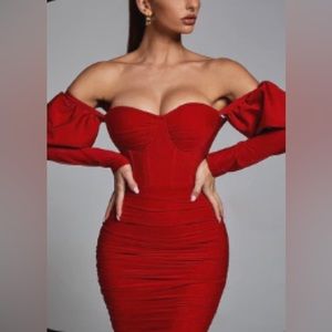 COPY - BELLA BARNETT, Red Zandra Puff Sleeve Mini Bandage Corset Dress.